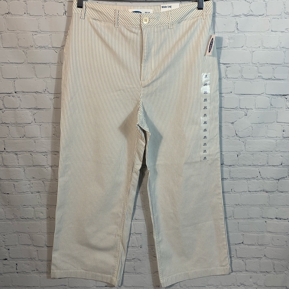 Old Navy Cropped Wide Leg Chinos - White w/Blue Pin Stripe - Size 12